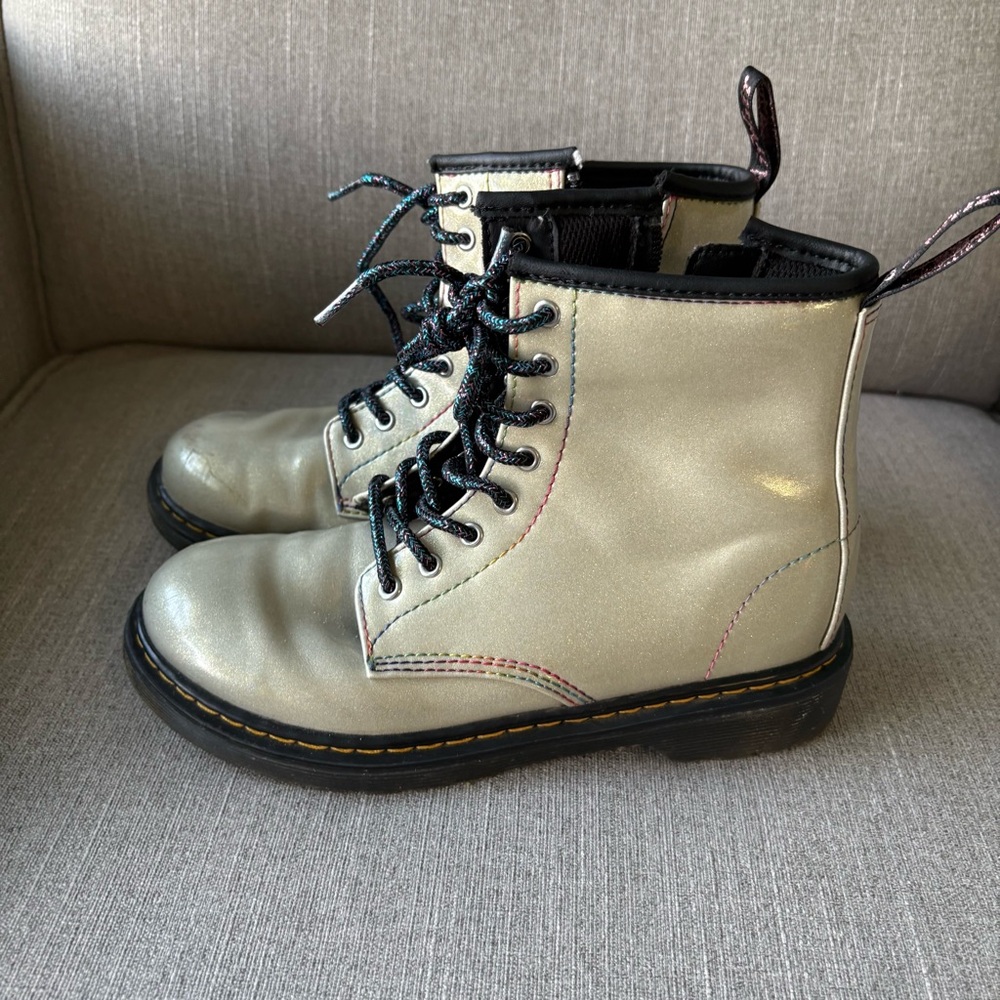 Dr Martens Girls Silver Sparkle Rays 1460J Combat Boots Unicorn Glitter- 3Y